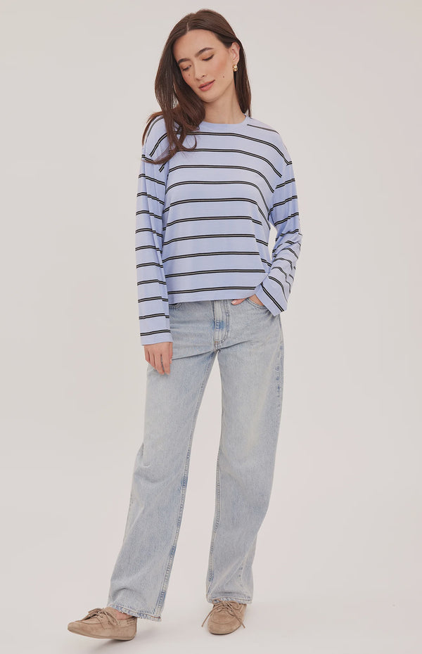 Women's relaxed long sleeve top with sky blue and white stripes, a crew neckline, side slits, and a soft rayon jersey fabric 