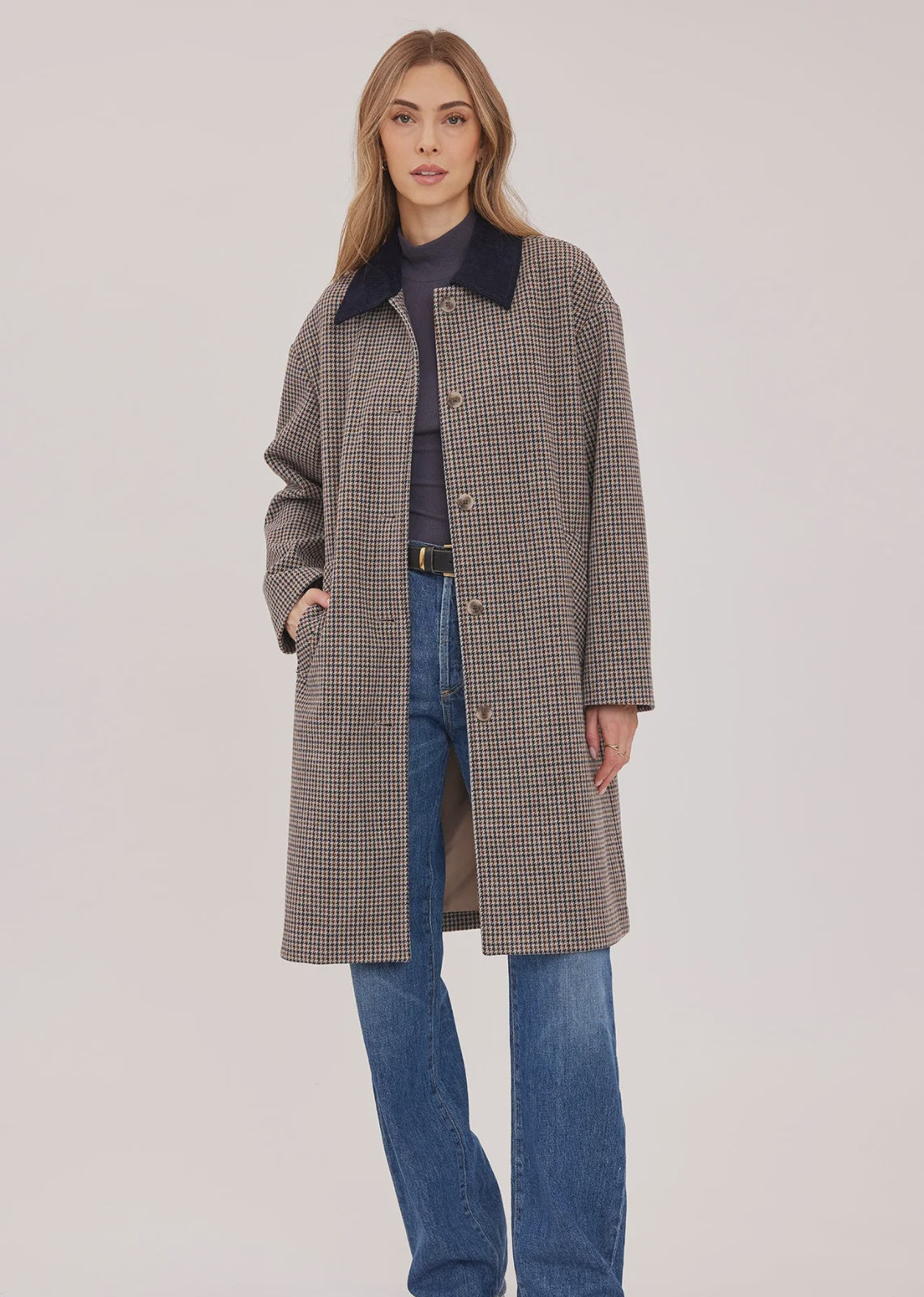 Millie relaxed-fit coat in brushed herringbone fabric, featuring a contrast corduroy collar, welt pockets, a back vent, and a fully lined interior.