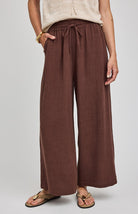 Espresso coloured ankle length linen and rayon blend pants. Drawstring and elastic waistband. Front Pockets.