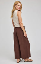 Espresso coloured ankle length linen and rayon blend pants. Drawstring and elastic waistband. Front Pockets.