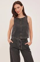 Blaise denim tank top with a lived-in wash, contrast topstitching details, and a back keyhole closure.