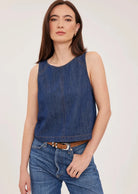 Blaise denim tank top in washed denim with contrast topstitching details and a back keyhole closure, designed for a relaxed, lived-in look.