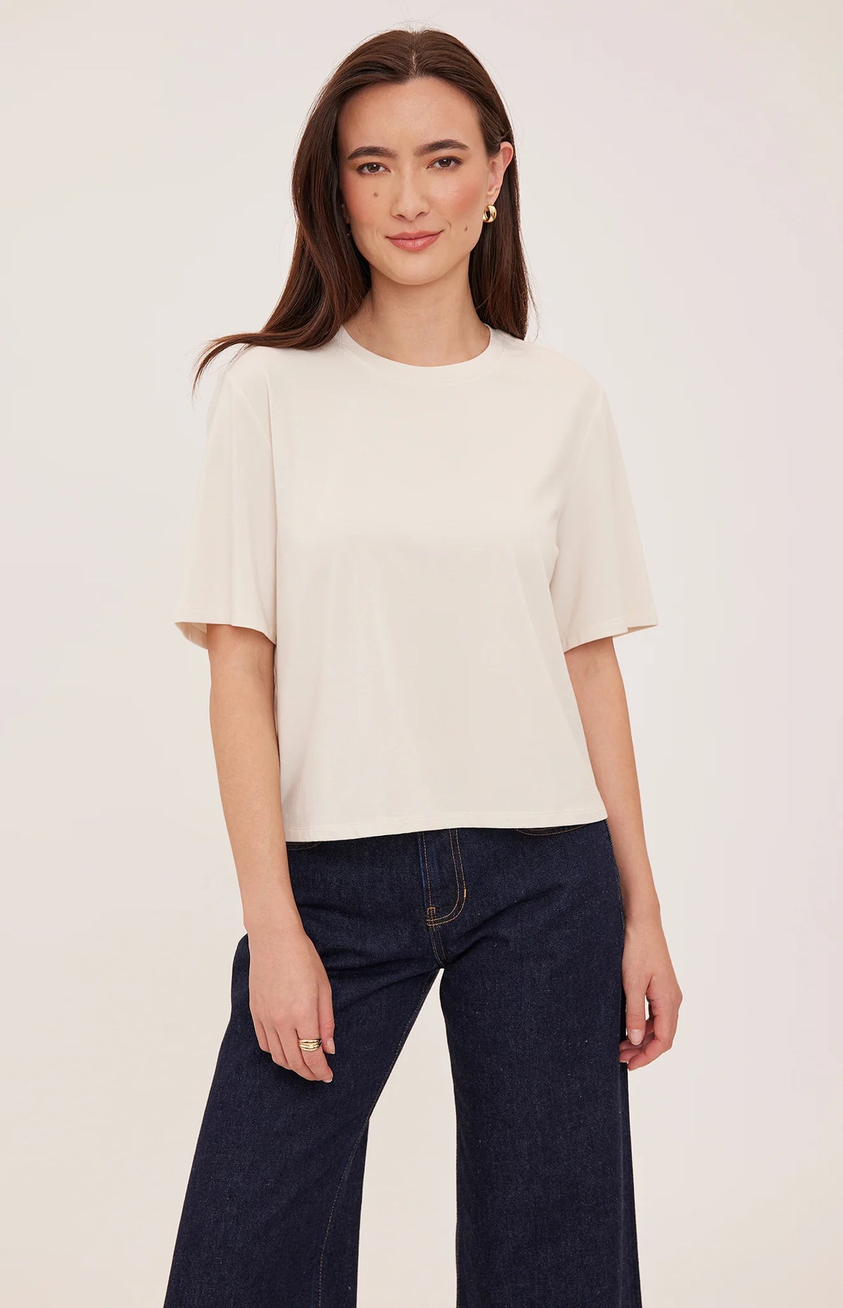 Codie t-shirt in a soft cotton-modal blend with a classic crew neckline, short sleeves, and a relaxed everyday fit. Available in Black and Cream.