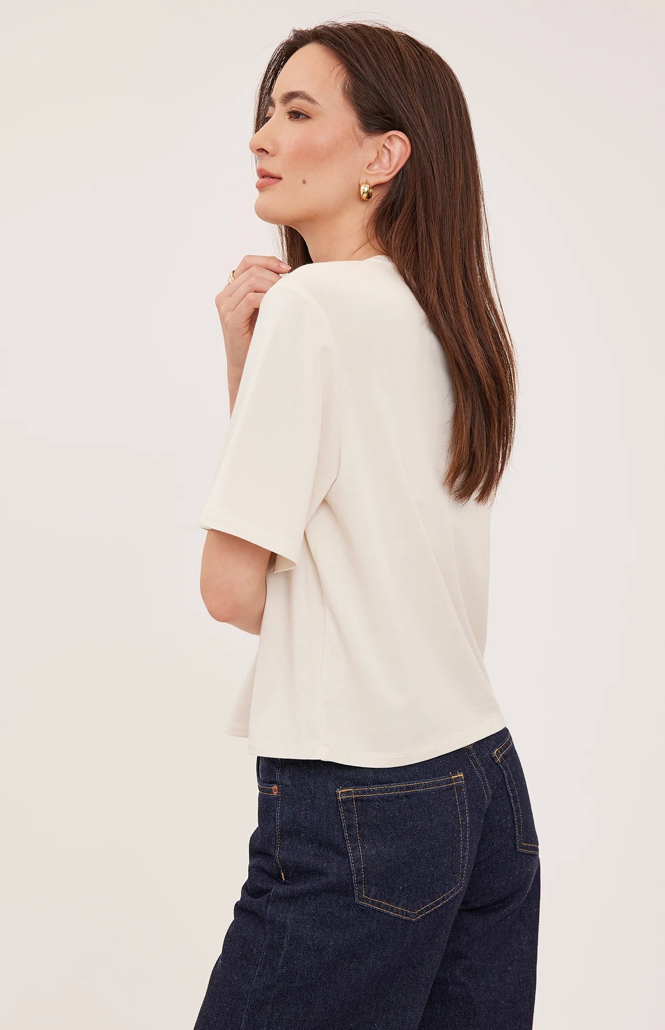 Codie t-shirt in a soft cotton-modal blend with a classic crew neckline, short sleeves, and a relaxed everyday fit. Available in Black and Cream.