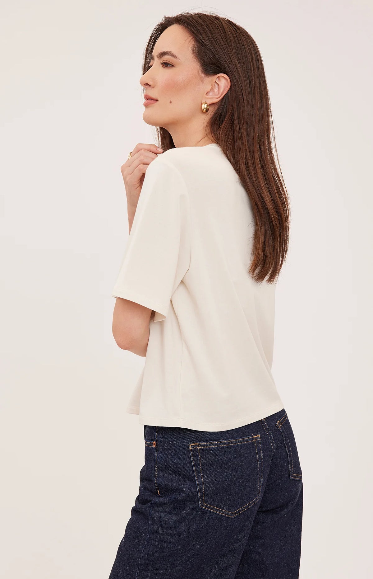 Codie t-shirt in a soft cotton-modal blend with a classic crew neckline, short sleeves, and a relaxed everyday fit. Available in Black and Cream.
