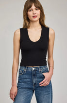 Women's black ribbed cropped tank top featuring a flattering V-neckline, wide straps, and a fitted silhouette in a soft stretch knit.