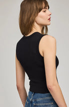 Women's black ribbed cropped tank top featuring a flattering V-neckline, wide straps, and a fitted silhouette in a soft stretch knit.