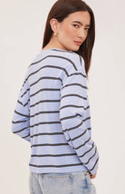 Women's relaxed long sleeve top with sky blue and white stripes, a crew neckline, side slits, and a soft rayon jersey fabric 