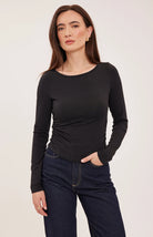 Reese top in a soft cotton-modal blend with a flattering boat neckline, fitted contour silhouette, and ruched side seam detailing for a softly gathered finish.