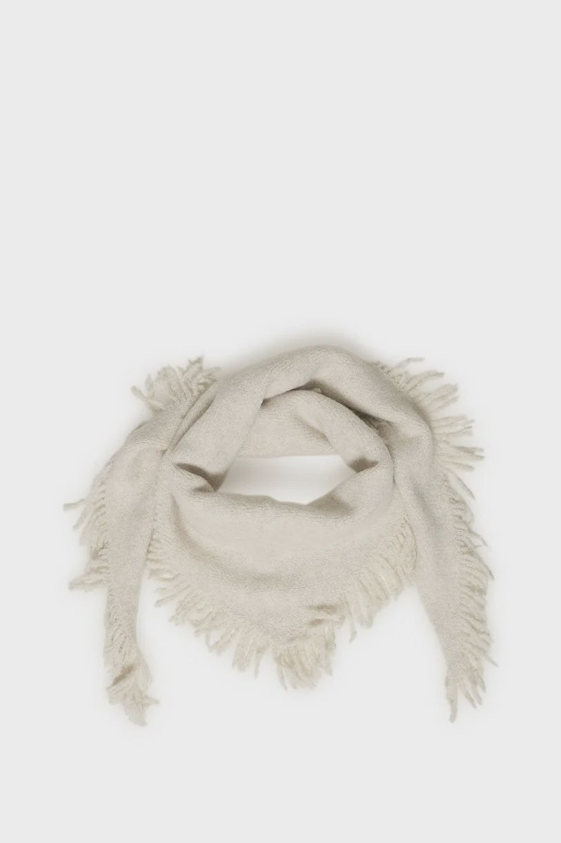 Soft cream triangle scarf with a lightly brushed texture, fringe trim, and versatile drape.
