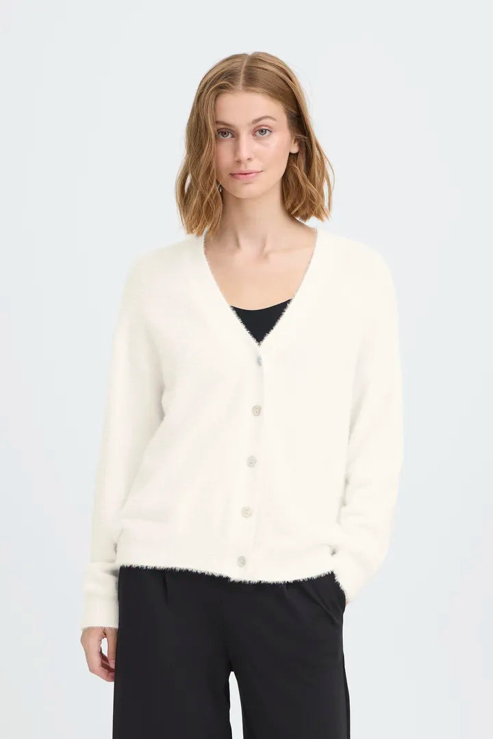 Knit cardigan in a light Cloud Dancer shade featuring a relaxed fit, long sleeves, and a button-front closure with a cozy textured finish.