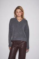 John + Jenn Charlie Sweater in Granite featuring a relaxed fit, flattering V-neckline, long sleeves, and ribbed detailing at the neckline, cuffs, and hem for a cozy, effortless look.