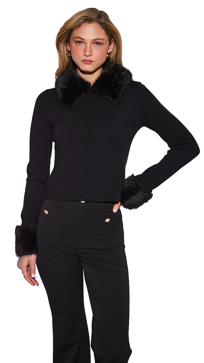 Clementine Cardigan featuring a fitted silhouette, textured knit, button-front closure, and removable faux fur trim at the collar and long sleeve cuffs.