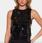 John & Jenn Cecily Top featuring a classic round neckline, sleeveless silhouette, and soft knit fabric with subtle shimmer for a chic, festive look.