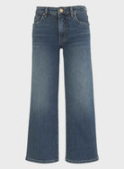 Medium wash high-rise wide-leg jeans with a clean finished hem and soft, stretchy denim. A modern everyday essential with a flattering fit and all-day comfort.
