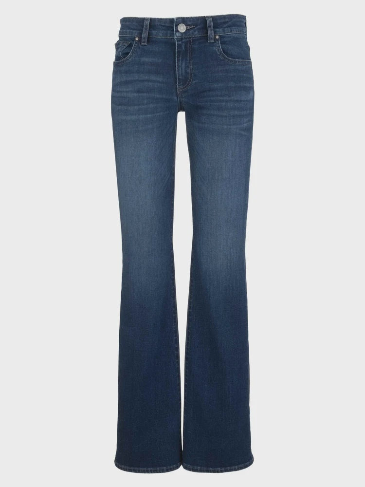 Blue wash bootcut jeans with a flattering mid-rise fit, five-pocket styling, and a subtle flared leg. Designed with comfortable stretch and smoothing front pocket technology for an effortlessly polished look.
