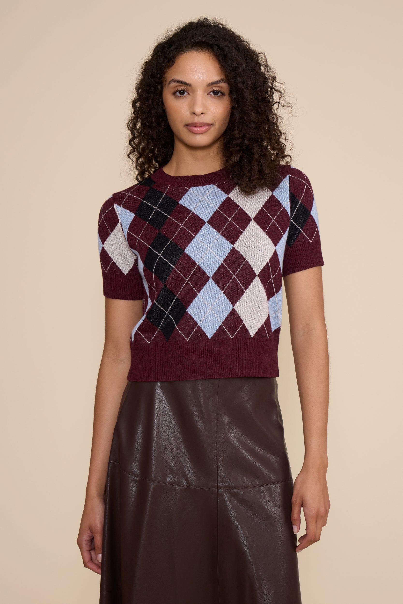 Bria Argyle Top in Burgundy Multi featuring a burgundy, blue, black, and neutral argyle pattern, short sleeves, and crew neckline.