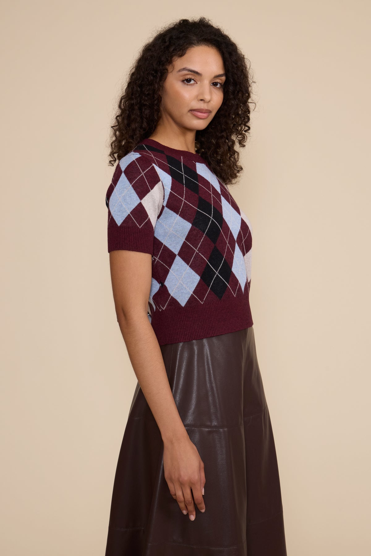 Bria Argyle Top in Burgundy Multi featuring a burgundy, blue, black, and neutral argyle pattern, short sleeves, and crew neckline.
