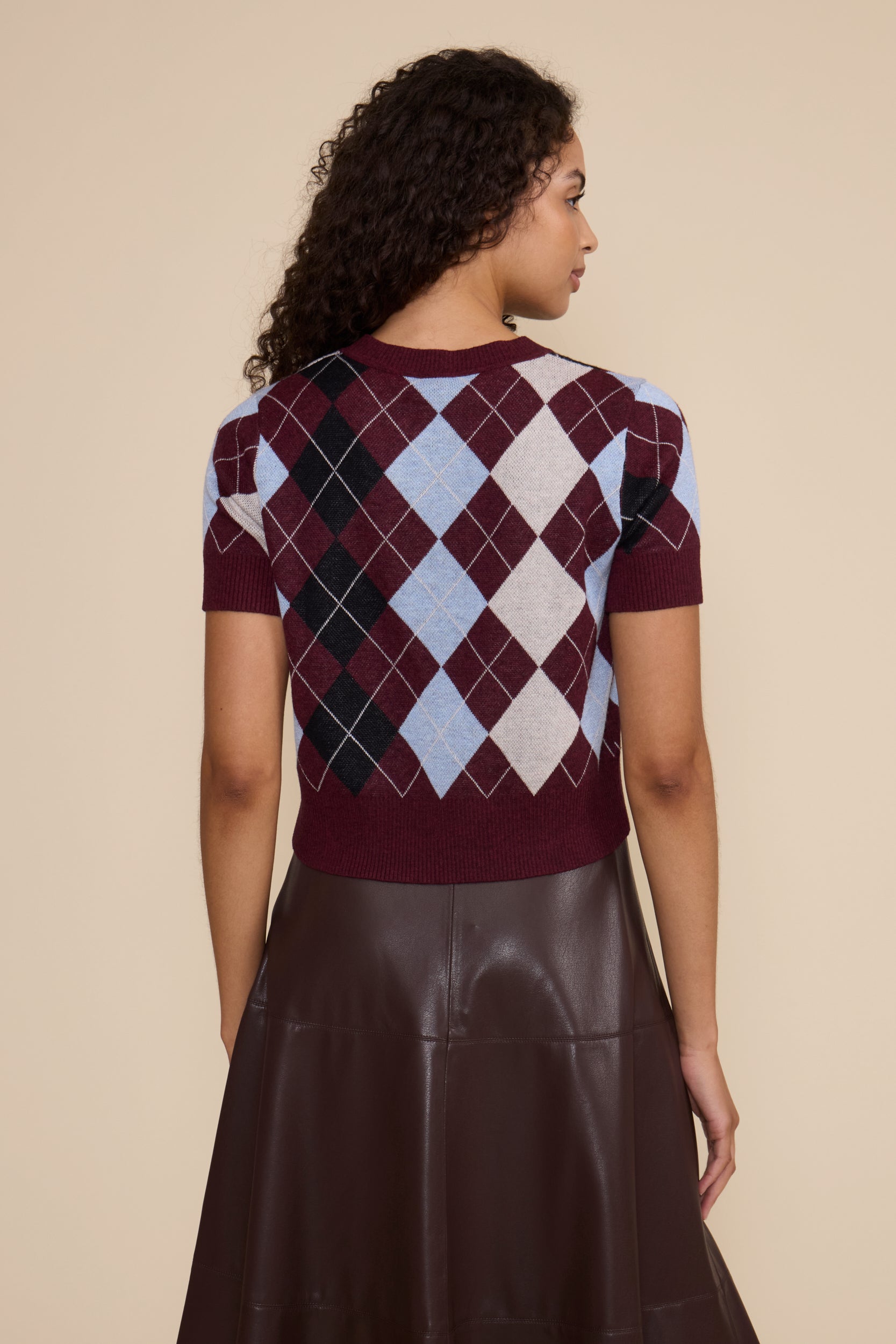 Bria Argyle Top in Burgundy Multi featuring a burgundy, blue, black, and neutral argyle pattern, short sleeves, and crew neckline.