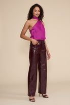 Cleo Faux Leather Pant in wine featuring a high-rise waist, straight-leg fit, and glossy faux leather finish.