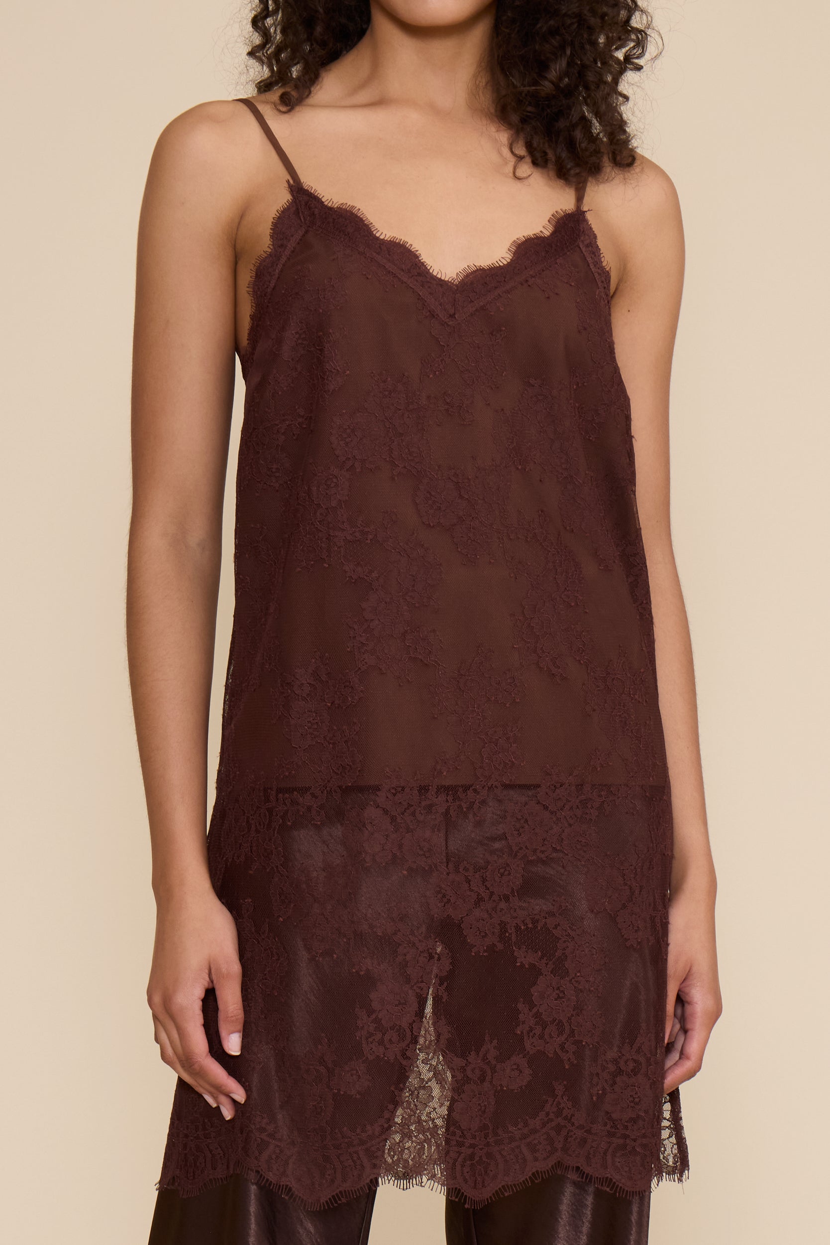 Gabrielle Lace Top in brown featuring all-over floral lace, slim spaghetti straps, a V-neckline, and relaxed silhouette.