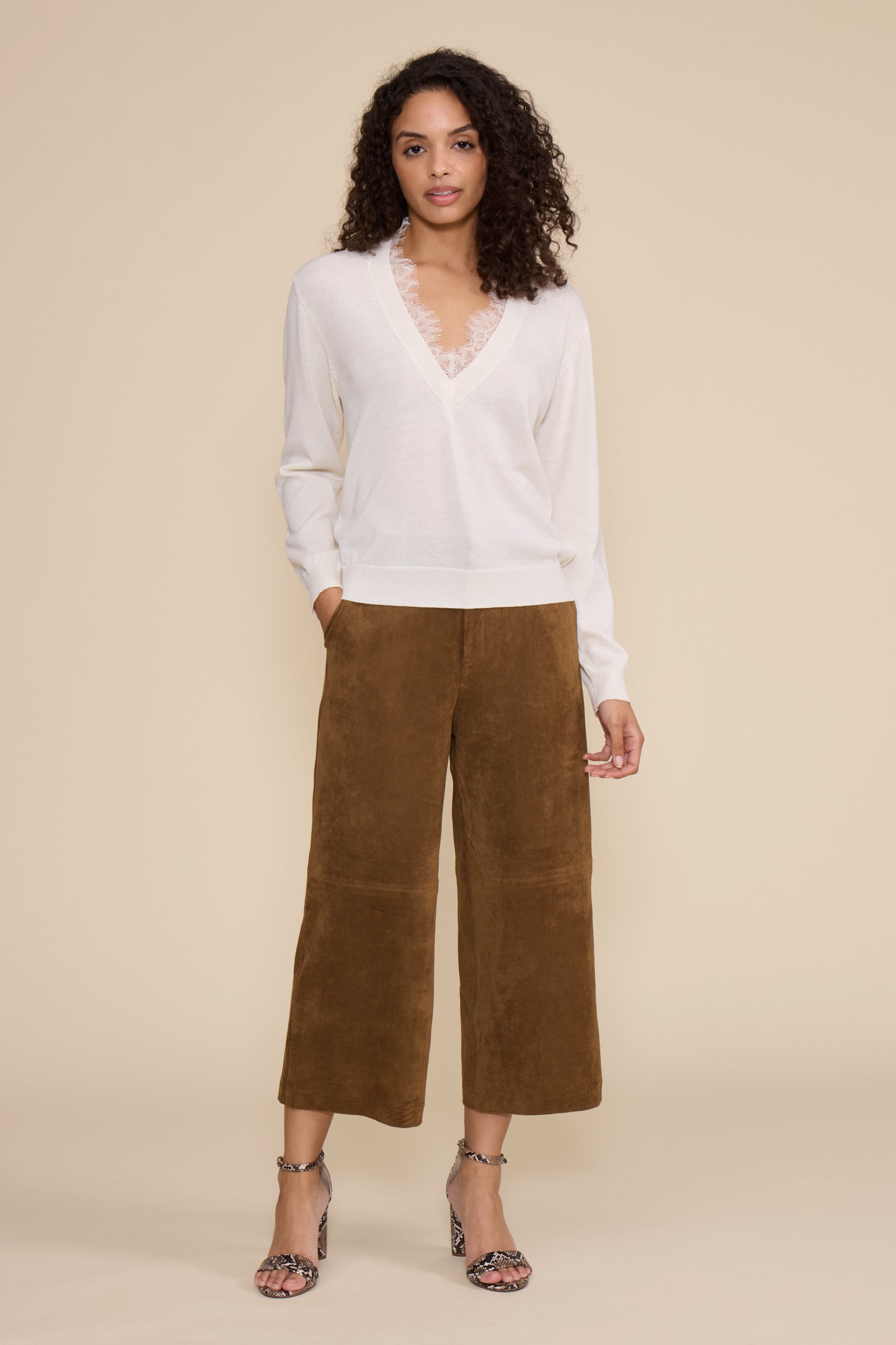 Jessie Cropped Suede Pant in walnut featuring a high-rise waist, cropped wide-leg silhouette, and soft suede-look finish.