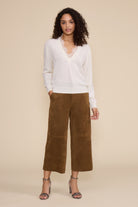 Jessie Cropped Suede Pant in walnut featuring a high-rise waist, cropped wide-leg silhouette, and soft suede-look finish.