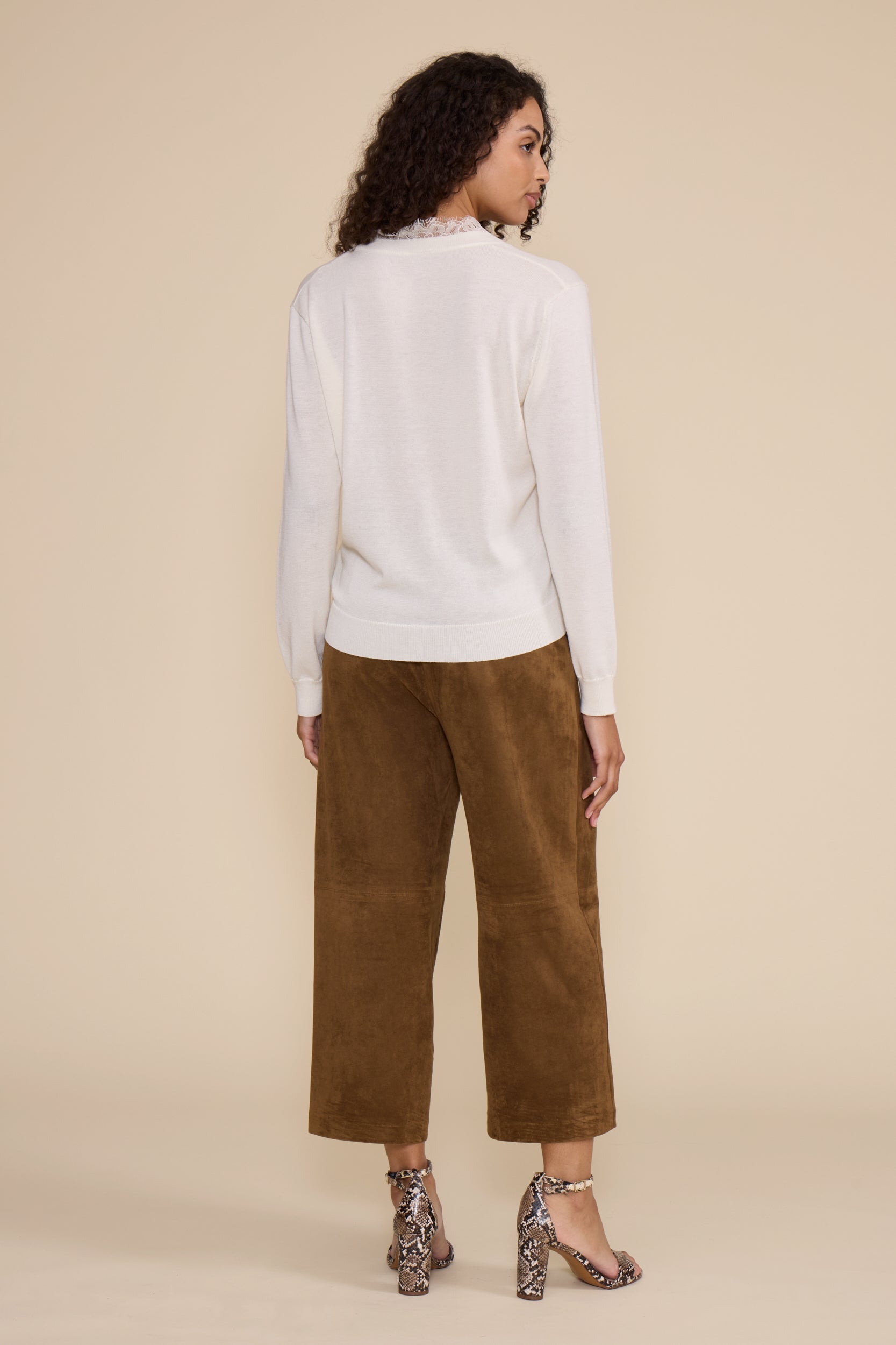 Jessie Cropped Suede Pant in walnut featuring a high-rise waist, cropped wide-leg silhouette, and soft suede-look finish.