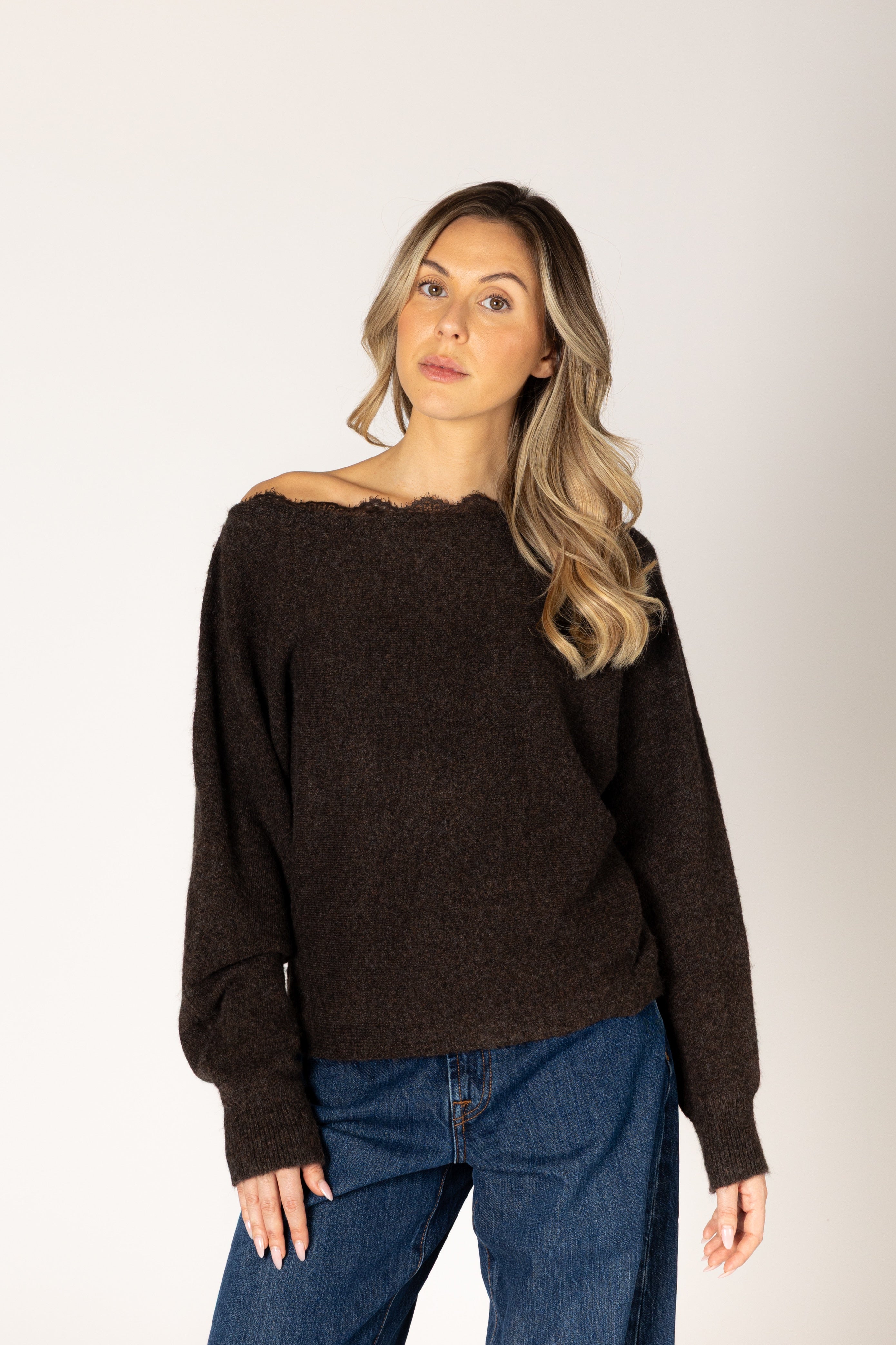 Knit lace sweater featuring an off-the-shoulder neckline, relaxed silhouette, and textured lace design in a neutral tone.