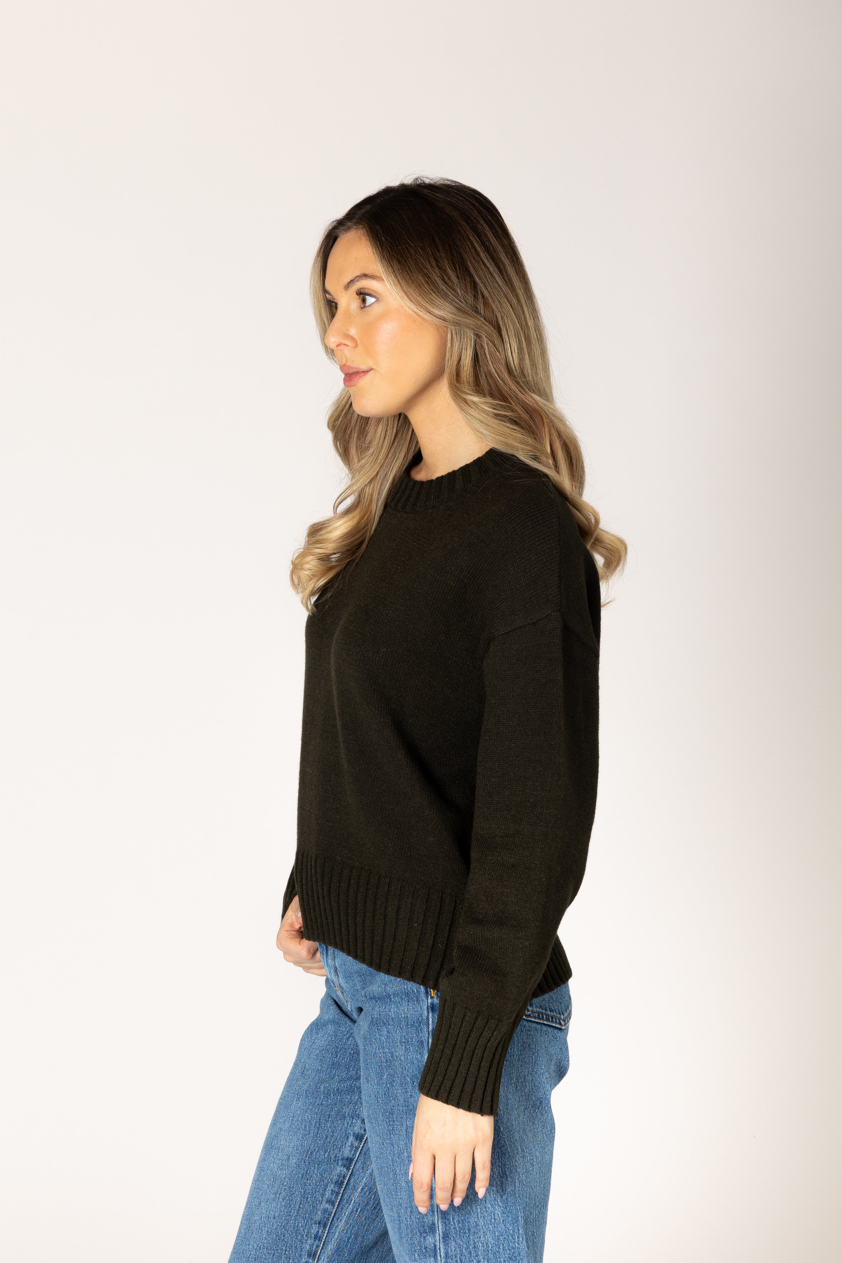 Olive crewneck sweater in a soft knit, featuring a classic silhouette and ribbed trim at the cuffs and hem.
