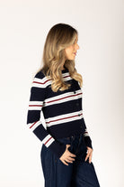 Lightweight ribbed knit cardigan in a navy base with white, brick red, and grey stripes, featuring a classic silhouette and button-front closure for easy layering.