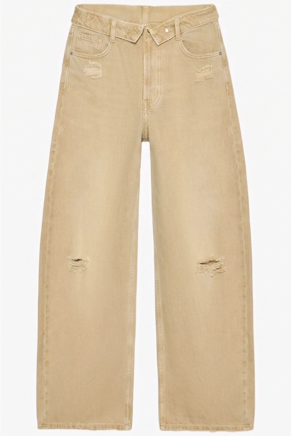The Celine Folded-Waist Jeans in a soft sand wash, featuring a relaxed baggy wide-leg fit, folded waist detail, and subtle distressed accents.
