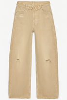 The Celine Folded-Waist Jeans in a soft sand wash, featuring a relaxed baggy wide-leg fit, folded waist detail, and subtle distressed accents.
