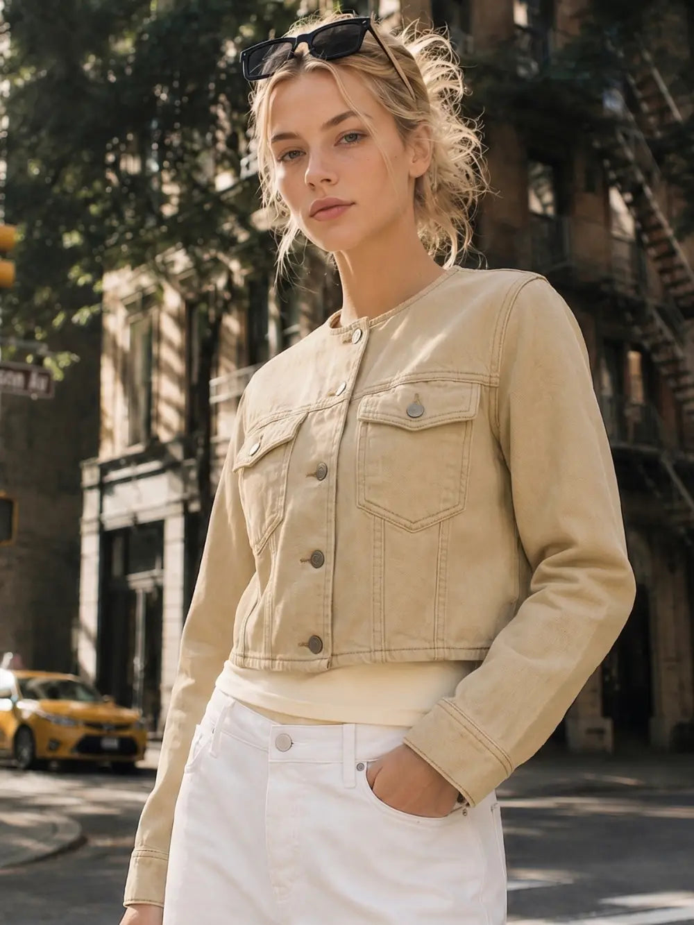 The Veda Cropped Utility Jacket in a soft sand denim wash, featuring a collarless neckline, flap chest pockets, structured seam detailing, and a cropped silhouette.
