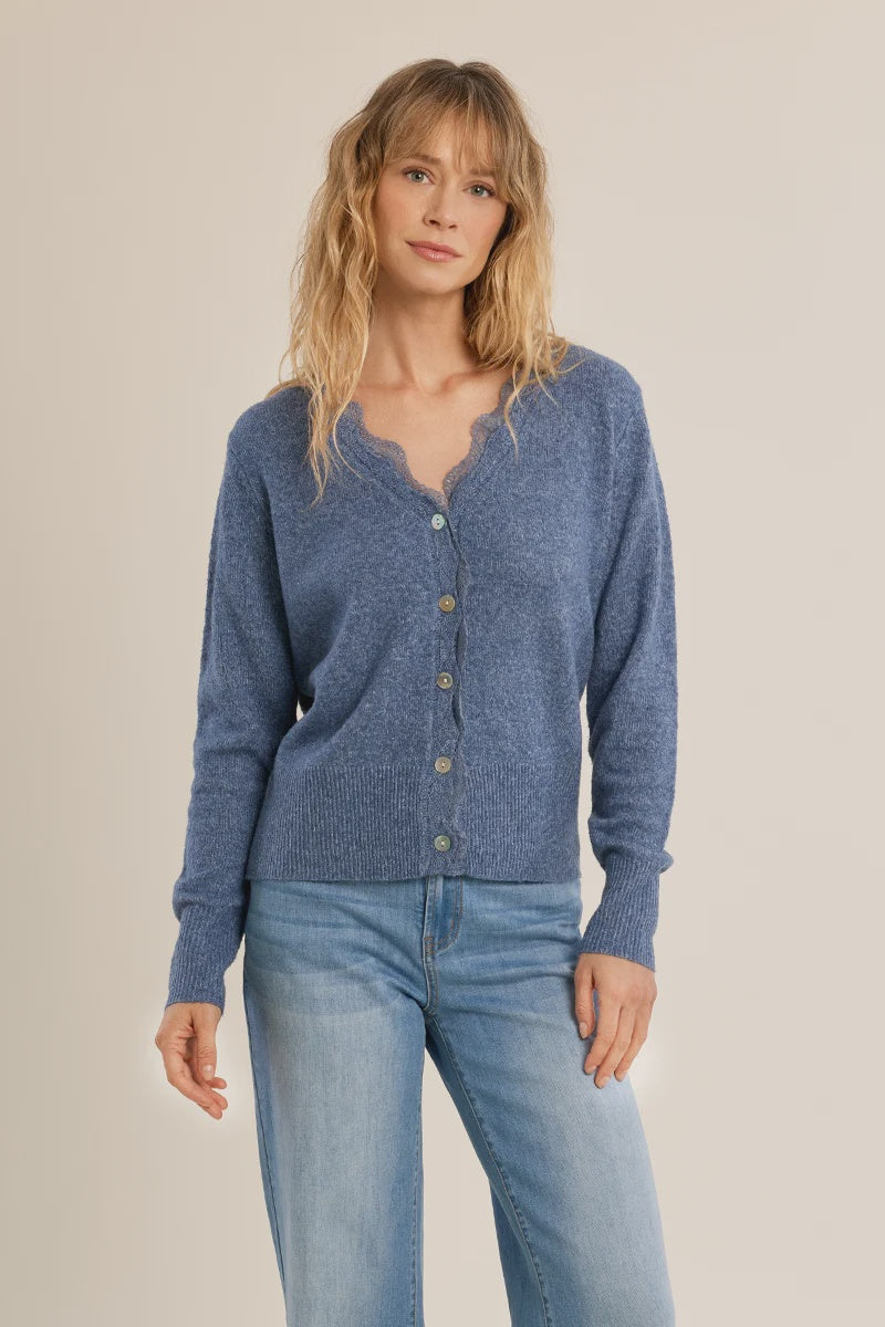 Short knit cardigan featuring long sleeves, a lace-trimmed V-neckline, and a full-length front button closure.