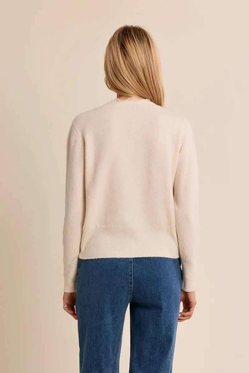 Short knit cardigan featuring long sleeves, a delicate lace-trimmed V-neckline, and classic full-length button-front closure.