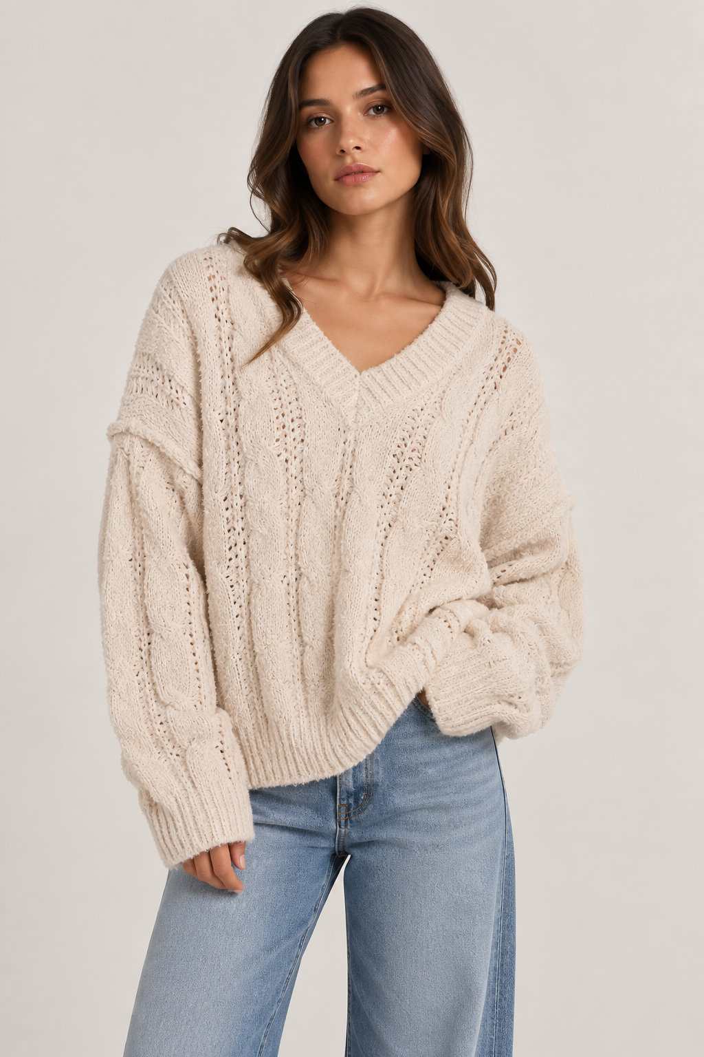 Model wearing an oversized textured cable-knit V-neck sweater in cream, featuring an open-knit design, dropped shoulders, long sleeves, and ribbed trim, styled with light-wash denim.