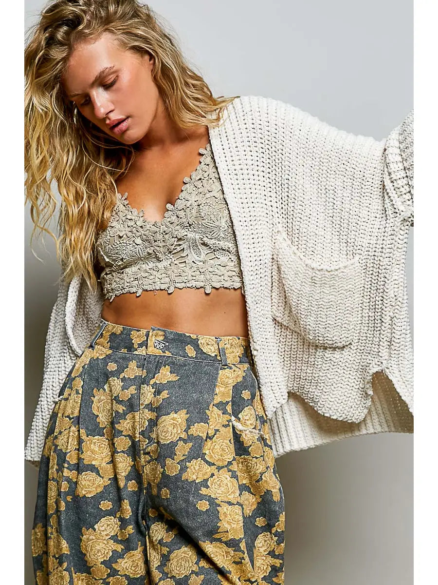 Noemi Cardi in Cream featuring a chunky textured knit, relaxed oversized fit, open front, long sleeves, and side pockets.