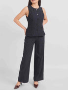 Sadie & Sage East Gate Pinstripe Waistcoat featuring a structured tailored silhouette and classic pinstripe pattern, designed to pair with the matching East Gate Pinstripe Pants.