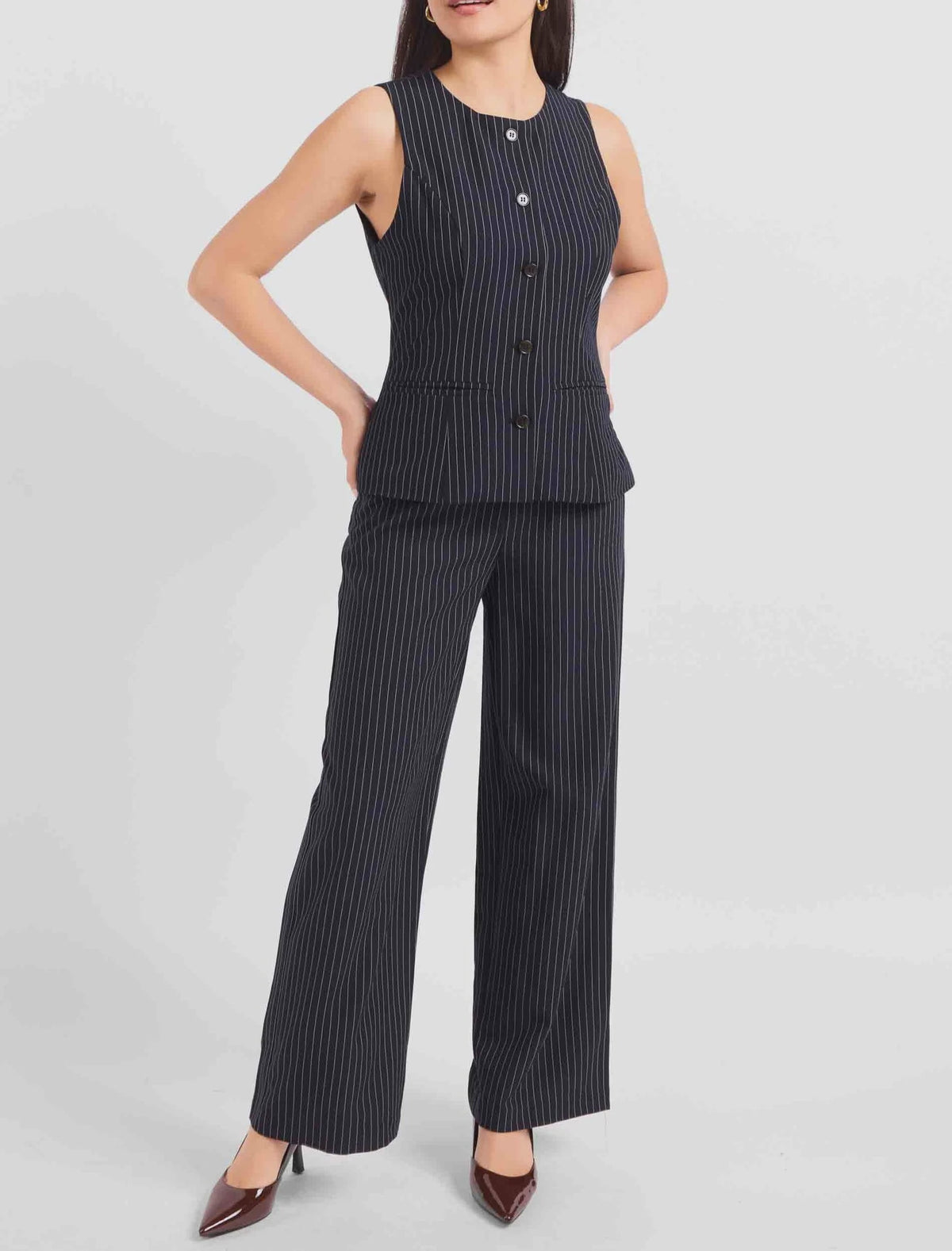Sadie & Sage East Gate Pinstripe Waistcoat featuring a structured tailored silhouette and classic pinstripe pattern, designed to pair with the matching East Gate Pinstripe Pants.