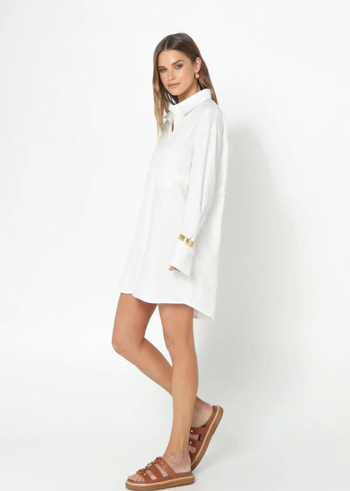 Madison The Label Taya Shirt Dress. White collared shirt dress.