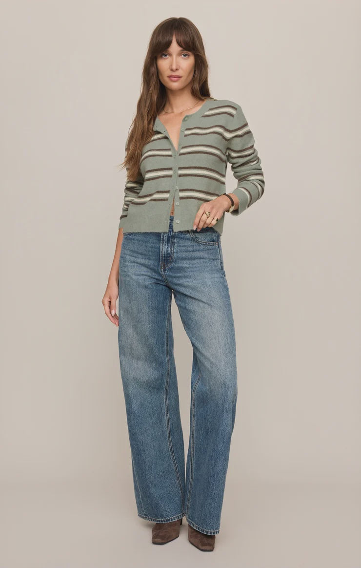 Striped knit cardigan featuring a crew neckline, button-front closure, long sleeves, and a lightweight, regular fit in a sage green base with cream and brown stripes.

