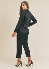 Load image into Gallery viewer, Stevie Open Front Tie Satin Jumpsuit
