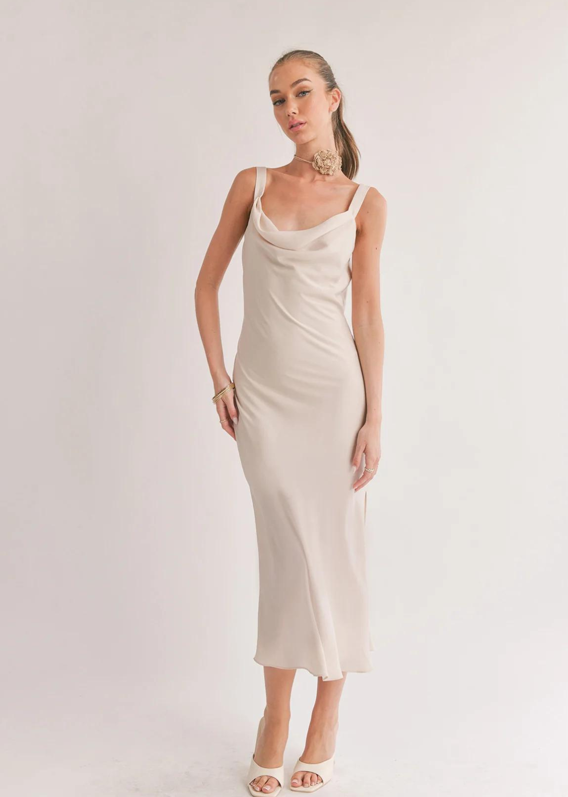 Sage The Label Dream Skies Low Back Cowl Midi Dress. Midi Dress Cowl Neck Low Back SELF: 100% Polyester LINING: 92% Polyester 8% Spandex Style # LG1332