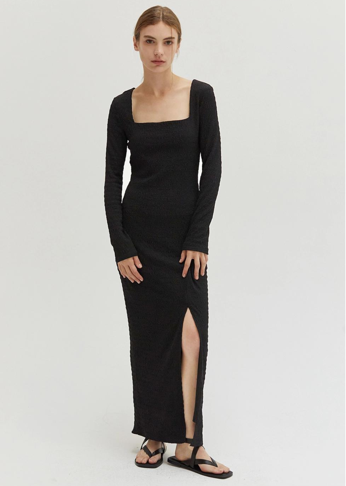 Irene Square Neck Textured Maxi Dress. A square neck maxi dress with an open side slit. 