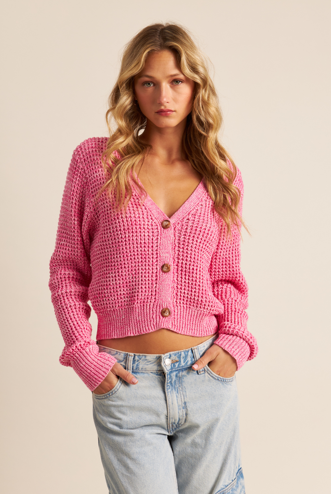John & Jenn Ollie Cardigan- Shortcake. OLLIE cardigan is crafted from a lightweight cotton featuring a cropped silhouette, airy waffle stitch and three-button front closure.&nbsp;