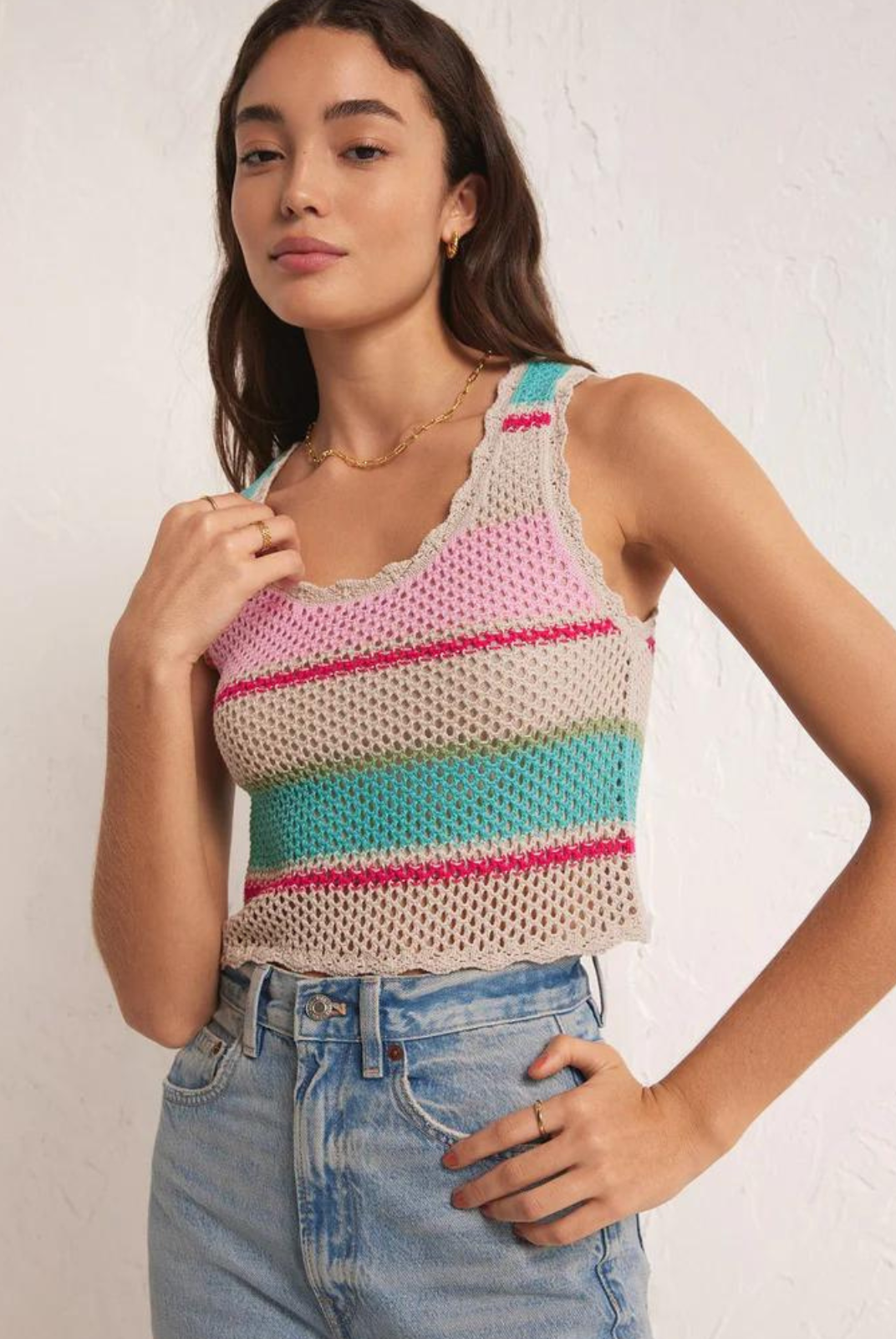 Z Supply Sol Stripe Sweater Tank Crochet styles are in this season, and this multicolor tank will brighten your day. The flattering scoop neckline and cropped design make it perfect for wearing with high rise to low rise styles.