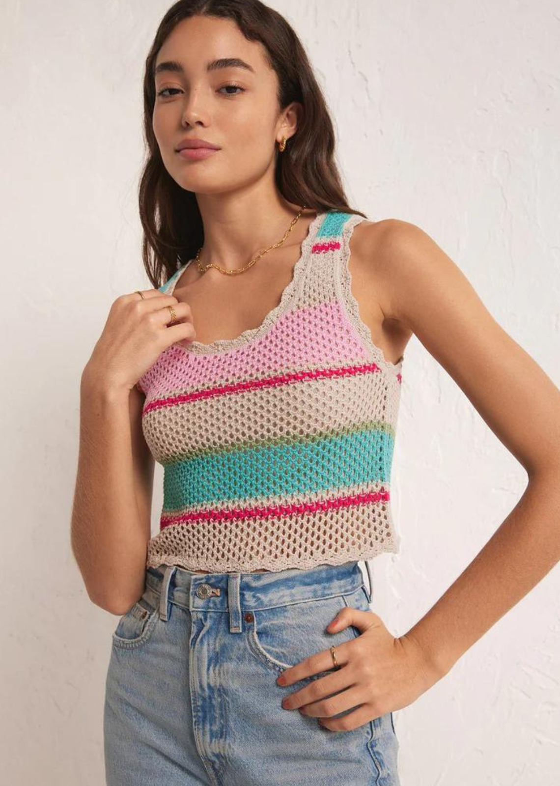 Z Supply Sol Stripe Sweater Tank Crochet styles are in this season, and this multicolor tank will brighten your day. The flattering scoop neckline and cropped design make it perfect for wearing with high rise to low rise styles.