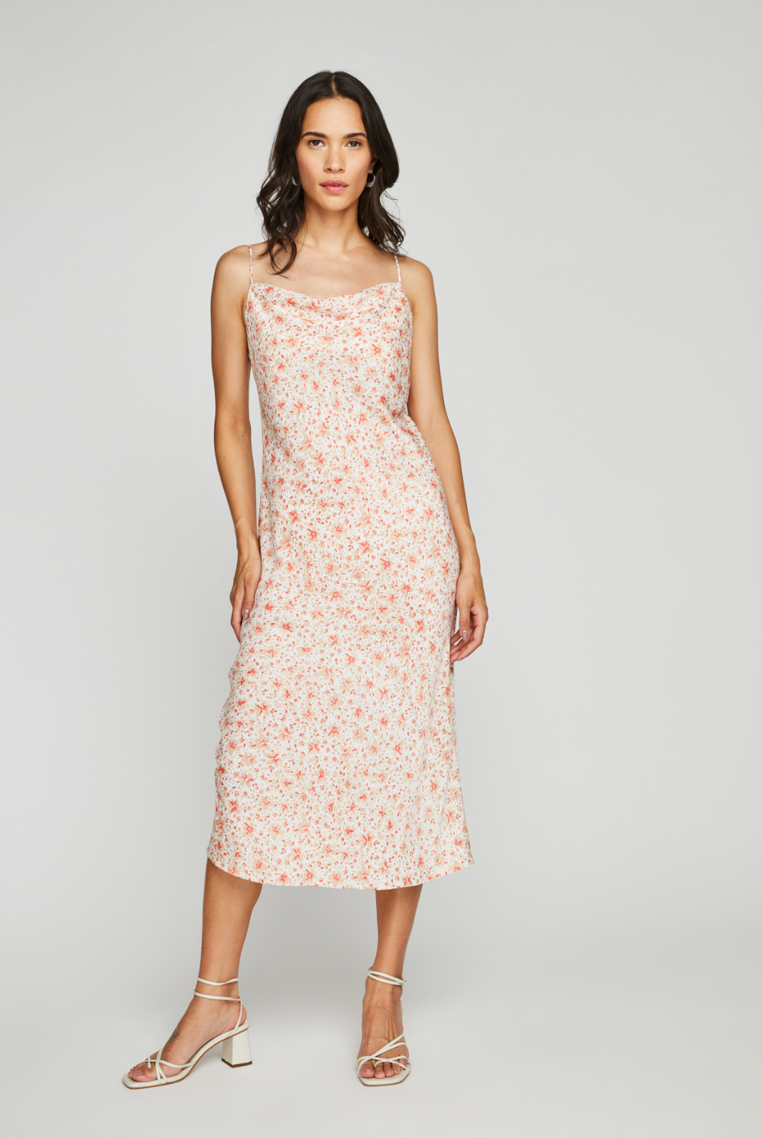 Gentle Fawn Serenity Dress. Satin feel material Midi length Spaghetti straps w/adjusters Fitted in bodice 100% Polyester