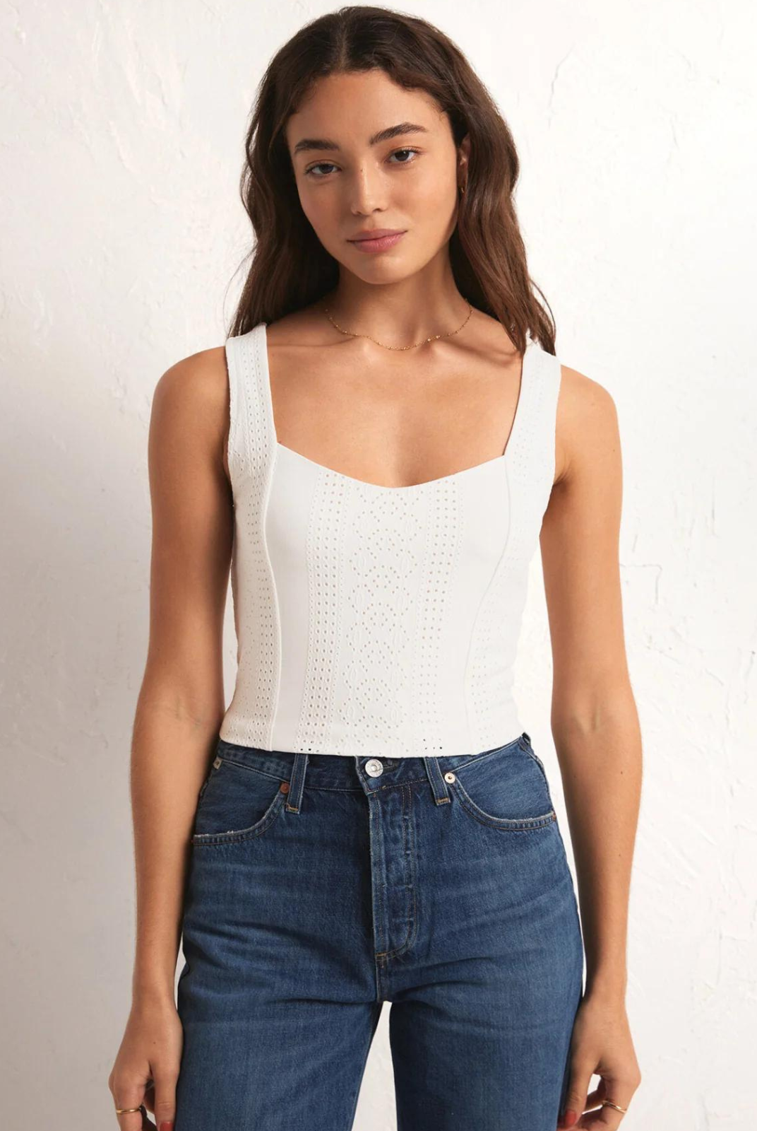 Z Supply Zaria Knit Eyelet Top.An everyday basic with a twist! The Zaria Top features a stunning white eyelet fabric, thick knit straps and a slightly cropped hem. Perfect for all of our bridal babes out there!